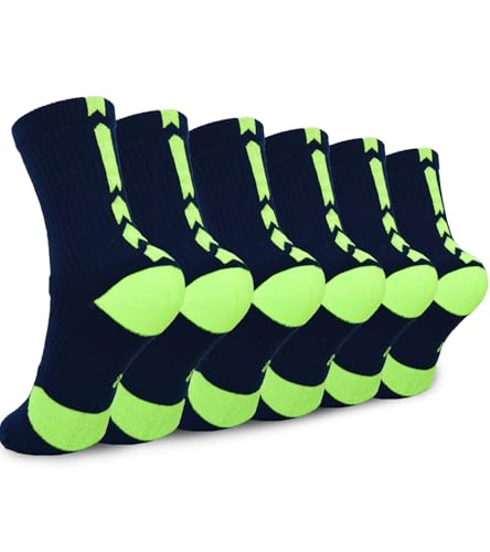 Youth Thick Basketball Socks for Boys - Cushioned Sports Compression Sock for Active Kids, Fits Ages 6-12 (Navy Blue & Neon Green)