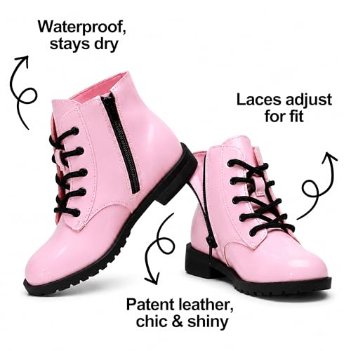 Berhood Girls Lace Up Combat Boots Waterproof Side Zipper Ankle Booties for Toddler/Little Kid/Big Kid Pink Sparkle Stars Size 2 by Berhood - Used condition - Image 6