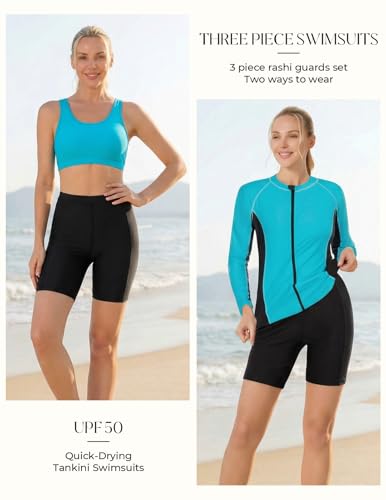 Image of JACK SMITH Women's 3 Piece Long Sleeve Rash Guard Swimsuits Zip Front Bathing Suit Tankini Swimsuits UPF 50
