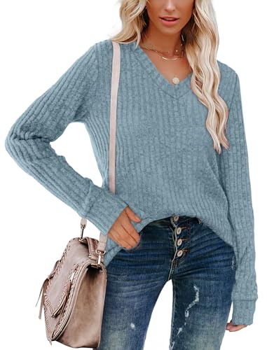 Image of WIHOLL V Neck Long Sleeve Shirts for Women Casual Fall Tops Lightweight Tunic Sweaters Fashion Clothes 2024
