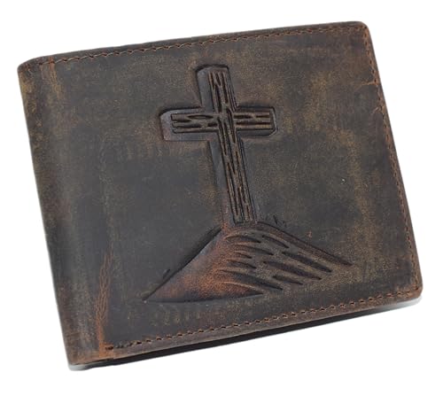 Men’s RFID Blocking Wallet – Christian Cross Design, Vintage Leather Bifold (Brown)