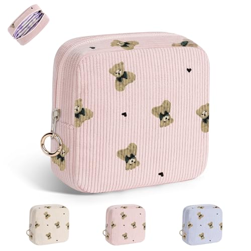 Image of Cute Period Bag for Teen Girls, Bears Corduroy Sanitary Napkin Storage Bag, Menstrual Pad Pouch Tampon Holder for Purse (Pink)