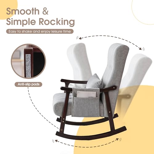 COCO DESIGN Upholstered Rocking Chair, Nursery Rocking Chair Indoor for Living Room, Modern Glider Rocker w/Pillow＆Side Pocket, High Back Padded Seat Side Armchair for Old Man(Grey) - Thumbnail 5