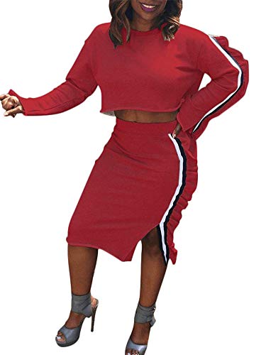 Women Two Pieces Skirt Sets - Ruffle Stripes Slit Midi Skirt Set 2 Piece Outfits Dress Red