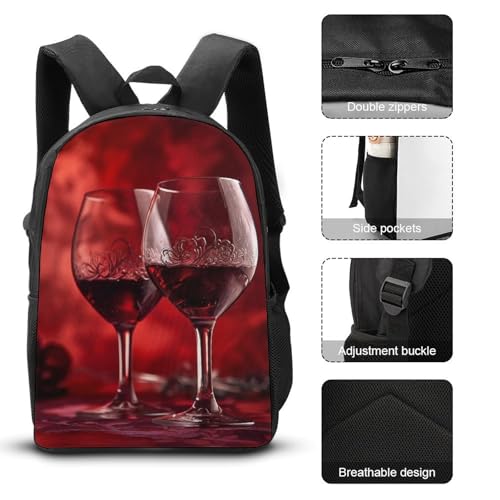 3 Piece Backpack for Women Men Lightweight Causal Daypack Shoulder Bag Set with Insulated Lunch Bag And Pencil Case Organizers Two Glasses of Wine3
