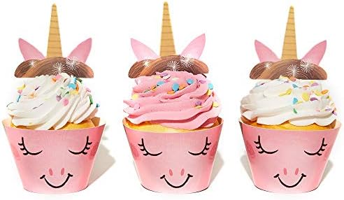 Pastel Pink Unicorn Cupcake Wrappers and Unicorn Horn Toppers - For 24 Unicorn Cupcake Decorations
