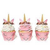 Pastel Pink Unicorn Cupcake Wrappers and Unicorn Horn Toppers - For 24 Unicorn Cupcake Decorations
