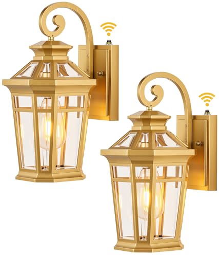 Outdoor Wall Lights Wall Mount, 2-Pack Dusk to Dawn Front Porch Light, Gold Modern Exterior Wall Sconce, Exterior Garage Lighting Fixtures, Weather Resistant Coach Lanterns Outdoor, Anti-Rust