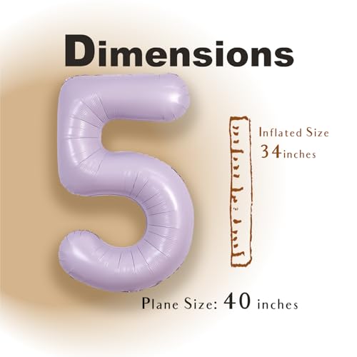 Image of SUWEN 40 Inch Light Purple Large 5 Balloon Number Big Foil Helium Lavender Number Balloons Huge Mylar 0-9 Giant Jumbo Happy 5th Birthday Party Anniversary Decorations