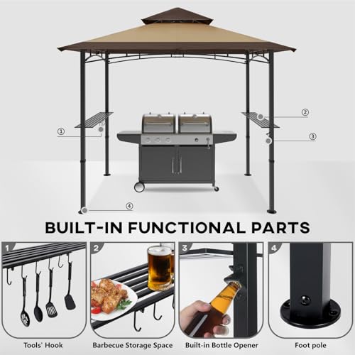 COOSHADE 8'x 5' Grill Gazebo Double Tiered Outdoor BBQ Gazebo Canopy with LED Light (Brown with Khaki) by COOSHADE - Image 2