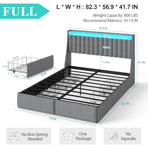 Image of Full Size Upholstered Bed Frame with 4 Storage Drawers and Charging Station | Metal Platform Bed with LED Lights and Storage Headboard, No Box Spring Needed, Easy Assembly, Noise-Free, Gray