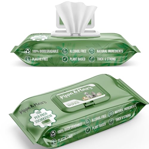 Pippa and Max Pet Wipes for Dogs & Cats, Thick 100% Plant Based Grooming Wipes, Hypoallergenic Cleaning for Paws, Body, Ear, Eye, and Bum, Non-Scented, 100 Count