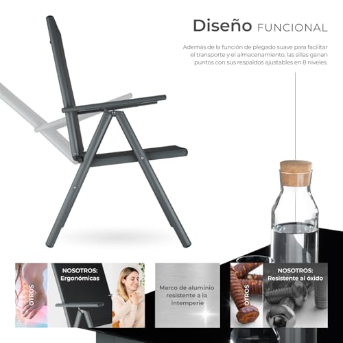 tectake® Conjunto Muebles Jardín Exterior 7 Piezas, Mesa y Sillas Terraza con Estructura de Aluminio, Sillas Plegables y Reclinables, Impermeables, Vidrio de Seguridad, Tela Transpirable - Antracita - imagen 3