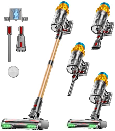 AIDTIPS Aspirapolvere Senza Fili, 600W/50KPA/70Mins Scopa Elettrica Senza Fili Potente Verticale Antigroviglio, Raccoglipolvere Senza Contatto da 1,8L, Spazzola Anti-groviglio Luce Verde(Champagne)