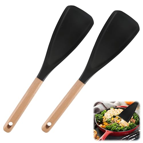 Ninnyi 2 Pcs Multifunction Spatula Cooking Spoon, Multi Function Non Stick Silicone Spoon with Wood Handle for Cooking (Black)