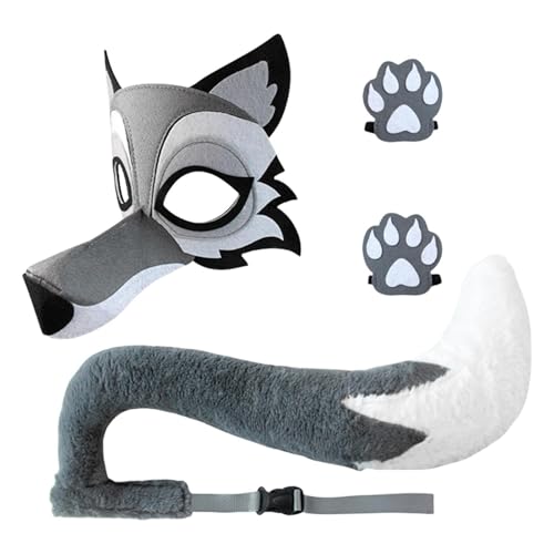 Ensemble cosplay loup gris avec accessoires de déguisement et queue de palmier