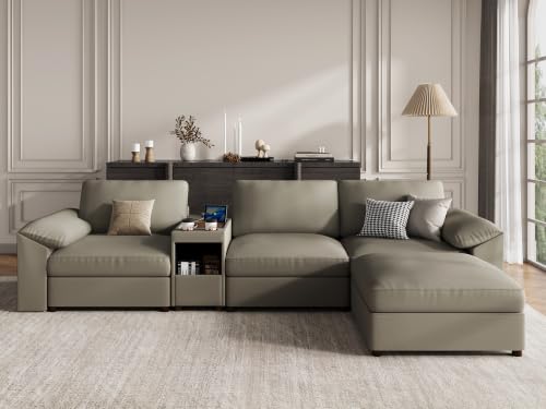 Image of EASE MOOSE Leather Sectional Couch, Oversized Modular Sectional Sofas, Wide Deep Seat Modular Couch, Scratch Resistant Faux Leather Material, L Shaped Sofa for Big Spaces,Light Grey