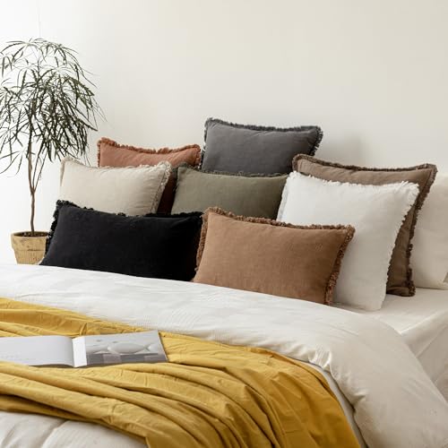 Image of Foindtower Set of 2 Decorative Linen Fringe Throw Pillow Covers Cozy Boho Farmhouse Cushion Cover with Tassels Soft Accent Pillowcase for Couch Sofa Bed Living Room Home Decor, 26x26 Inch, Black