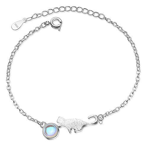 QIAMNI 925 Silber Mondstein Katze Ball Armband für Frauen Mädchen Charm Beste Freundin Armband Jahrestag Geburtstag Geschenk zierlicher Schmuck, 23 cm, Sterling-Silber Silber