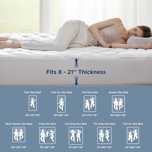 Bedsure Full XL Mattress Pad - Quilted Fitted Full XL Mattress Topper with 8-21" Deep Pocket, Noiseless Mattress Protector Cover Padded, Washable, White, 54x80 Inches