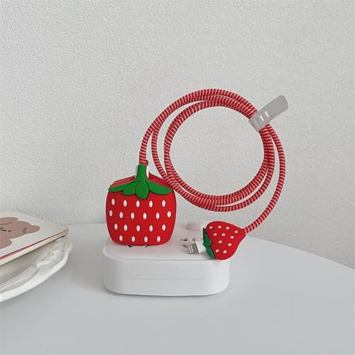 Image of INEFABLE Charger Case Cover Protector with 3D Cute Pattern for iPhone Charger only 18W & 20W, Data Charging Cable Wire Saver Protective Cable Cover Full Protection - Set Of 1 (Strawerry)