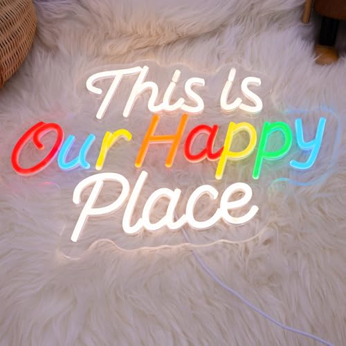 Image of This is Our Happy Place Neon Sign, Letter Neon Signs for Wall Decor Dimmable Light up Sign, Classroom Wedding Kids Room Store Home Neon Decor 16.54 x 11.81 inch
