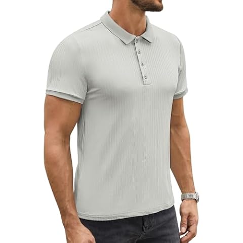 hawalili Men's Polo Shirts Short Sleeve V Neck Ribbed Knit Button Up Slim Fit Golf Muscle Blouse Tee Light Gray-M Cover