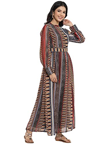 Image of Juniper Black Alphin Chiffon Printed Flared Dress with Waist Tie-up