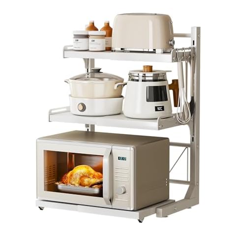 ABCOOL Retractable Microwave Oven Rack Pull Out Snap-in for Kitchen Baker Storage Organizers Holder, 2 Axial Expandable and Height Adjustable Carbon Steel Shelf Counter Countertop with 3 Clip Hooks Cover