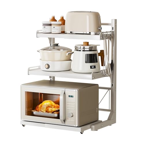 ABCOOL Retractable Microwave Oven Rack - Adjustable & Expandable Kitchen Storage Organizer with 3 Hooks