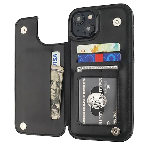 ONETOP Compatible with iPhone 15 Plus Wallet Case with Card Holder PU Leather Kickstand Card Slots Case Double Magnetic Clasp and Durable Shockproof Cover 6.7 Inch (Black)
