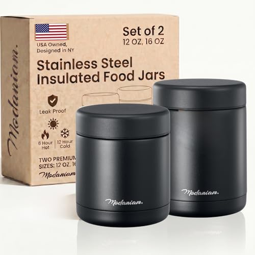 Stainless Steel Insulated Food Jar Set of 2 (16oz + 12oz) | Wide Mouth | Soup Thermo for Hot Food Lunch Container | Thermal LunchBox | Insulated Soup Bowl | Hot and Cold Lunch Box for Adults | Black by Modaniam - Used condition - US$17.27