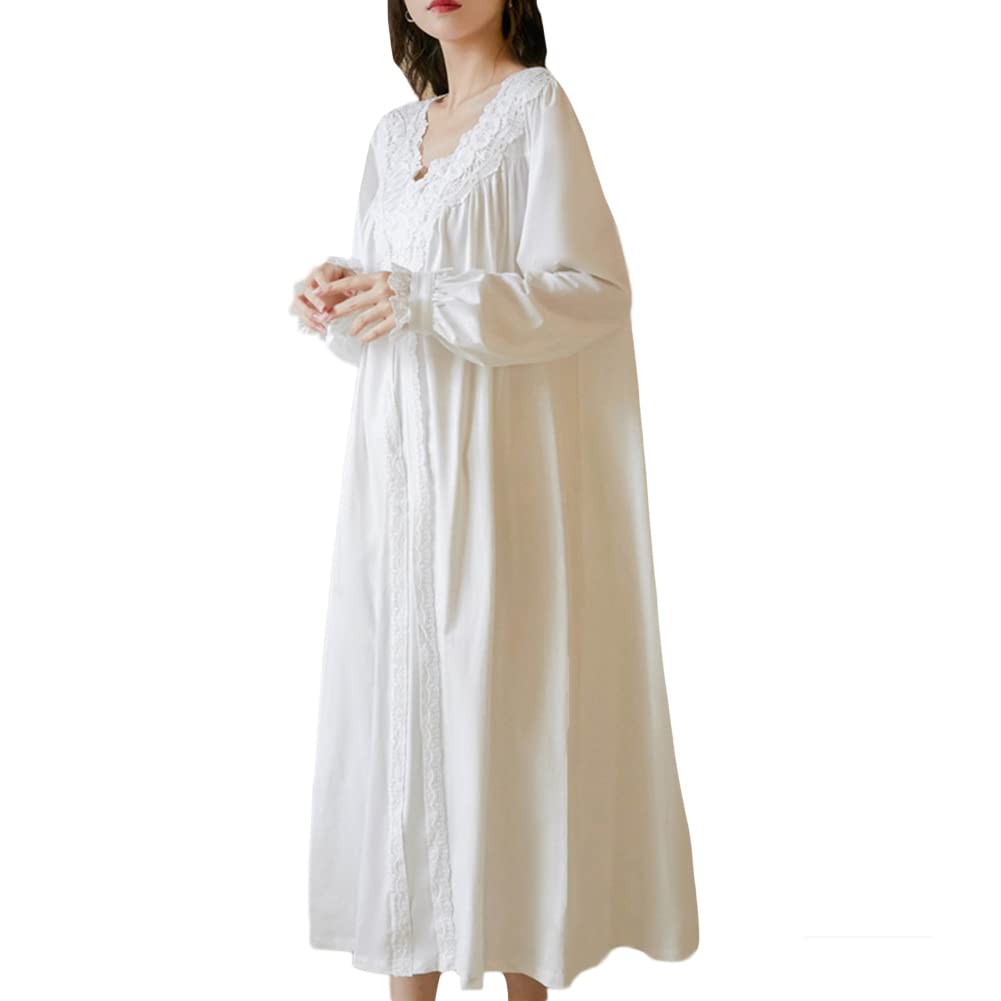 GUOCU Damen Mädchen Vintage Süß Prinzessin Stil Nachthemd Langarm Pyjama mit Floraler Spitze Bestickt V-Ausschnitt Nachtkleid Nachtwäsche Lounge-Kleid Schlafkleid Baumwolle Schlafanzug Sleepwear