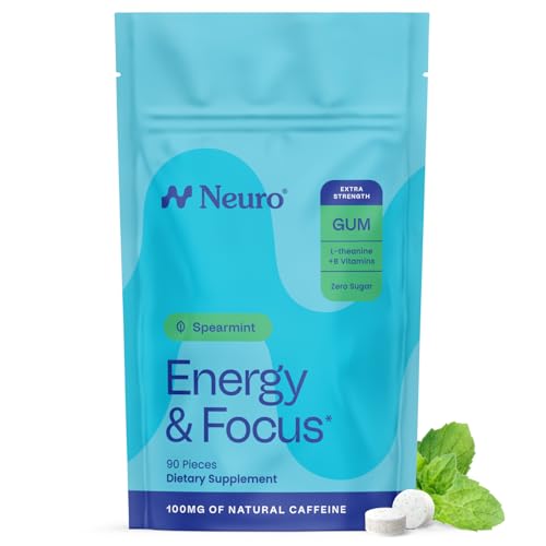 Neuro Energy & Focus Gum Extra Strength - 100mg Natural Caffeine Gum & Nootropic Energy Supplement with L-Theanine & B Vitamins - Sugar Free Vegan - Spearmint 90ct
