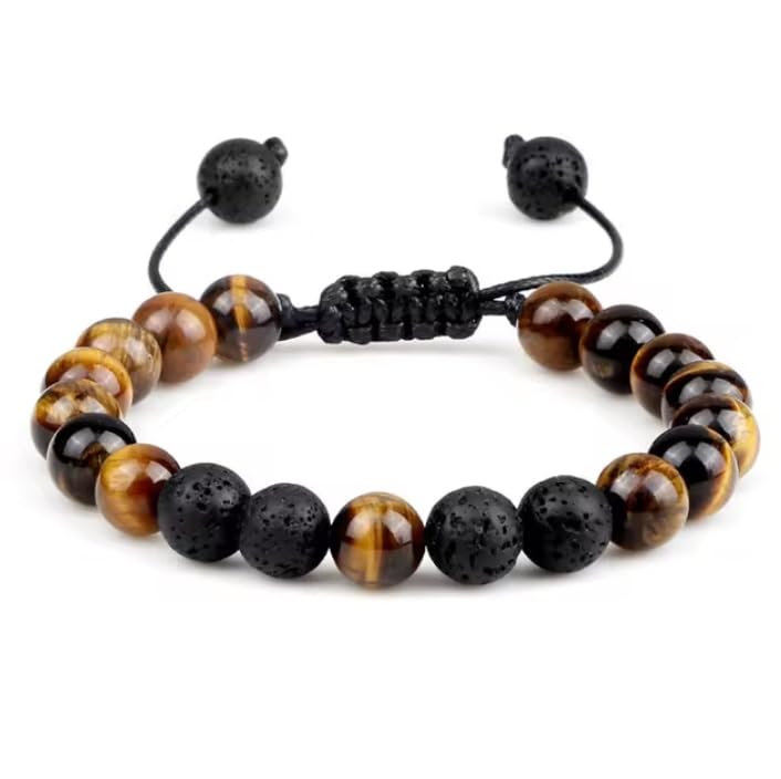 YCTTKDD Bracciale con Perline in Pietra Occhio di Tigre da 8 mm Braccialetti con Corda Intrecciata Regolabile Bracciali con Lava Naturale per Uomo e Donna