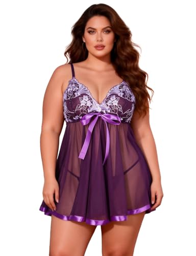 ohyeahlady Camisón Mujer de Encaje Talla Grande Picardias Elegante Pijama Sin Mangas Picardía Mujer Vestido Lencería Negligee Ropa Interior Vestidos Lencería Ropa para Dormir y Braguita(Violado,4XL)