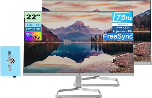 Image of HP 22 1080P FreeSync Monitor, 22 inch IPS Anti-Glare Display 2 Pack | Bundle with Docztorm Dock, VGA, HDMI, Adjustable Tilt, Ideal for Home & Business, Black & Silver