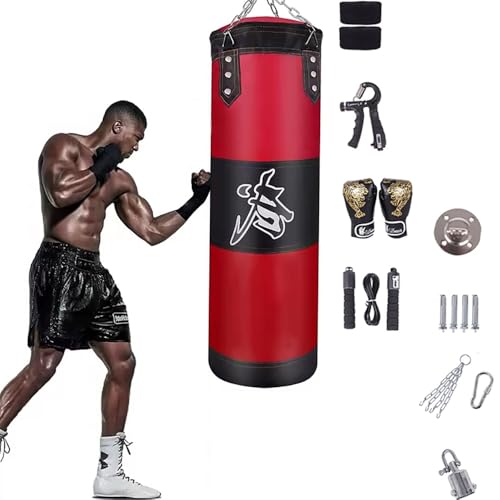 Saco De Boxeo,Saco Boxeo Adulto,Kit Boxeo,15-en-1 100 cm Kit de Sacos de Boxeo con Guantes, Vendas, Cadena más Gruesa, Giratorio 360° para Muay Thai y Lucha (sin Acolchado,Rojo,120cm)