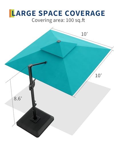 10' x 10' Heavy Duty Cantilever Patio Umbrella with Solar LED Lights & Weighted Base, 2-Tier Square Aluminum Offset Umbrella with 360-Degree Rotation for Backyard, Deck, Pool, Turquoise Blue