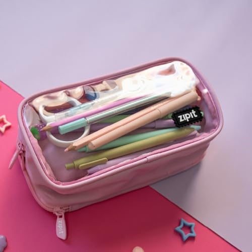 Image of ZIPIT Half & Half Pencil Case for Girls, Aesthetic 3 Compartment Zipper Pouch for School, Stationery Bag for Teen and Adults, Pink