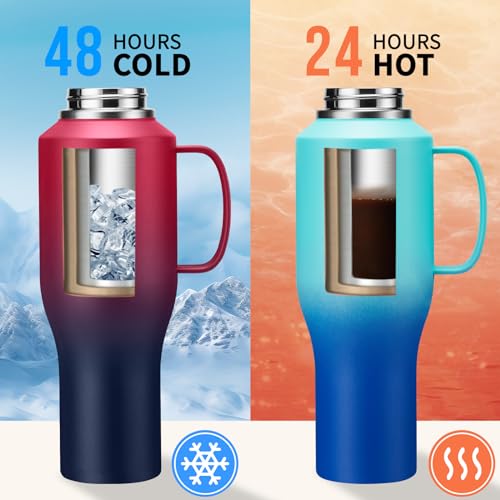 Image of 40 oz Insulated Water-Bottle that fits in Cup Holder - Cold 48h /Hot 24h, Stainless Steel Tumblers with Lids and Straws & Bottle Sleeve, Leak Proof Metal Flask Cup, Travel Coffee Tumbler with Handle
