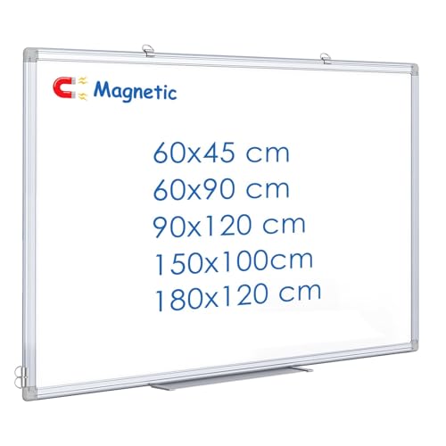 Maxtek Pizarra blanca magnética 90 x 60 cm, pizarra magnética con marco de aluminio, pizarra magnética grabable y borrable, fácil de montar