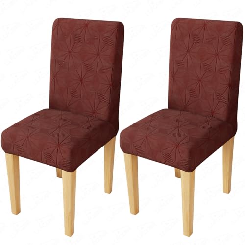 Image of Lukzer Elastic Dining Chair Cover - 2PC Pastel Deep Maroon Starlight | Textured High Stretch Jacquard Seat Cover | Removable Washable Short Dining Chair Cover Protector Seat Slipcover | (CC-145-02)