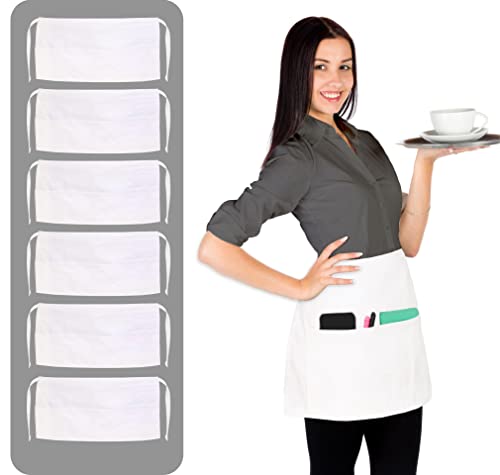Ruvanti Kellnerin / Kellnerschürze, 6 Stück, Baumwollmischgewebe, 3 Taschen, lange Bänder, Weiß, XX-Large Cover