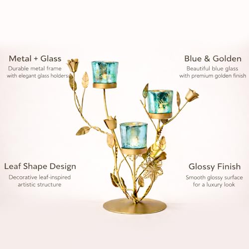 Image of Market99 Glossy Blue Glass T-Light Holder Set of 2 | Golden Leaf Pattern Metal Tealight C&le St& | Decorative Accent Piece for Home, Office, Dining Table, Balcony & Perfect Decor for Festive Season