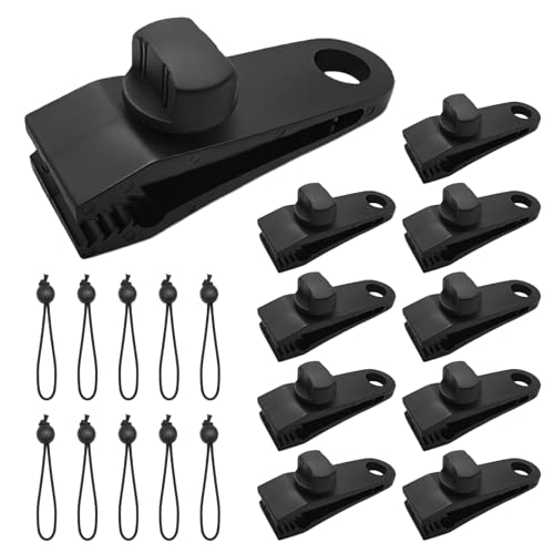 20 Stück Planenspanner Set 10 Starke Tarp Clips & 10 Bungee-Seile mit Kugel Kunststoff Planenbefestigung Zeltclips und Krokodilklemmen für Camping Hängematte und Vorzelt