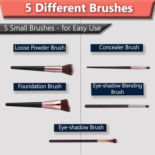 Image of TEMPERIA (Pack of 5) Makeup Brush Set - Soft Bristles Make Up Brushes Sets Kit for Foundation, Concealers, Eyeshadow, Blush, Compact Face Powder, Highlighter, Contour, Blending Eye Liner
