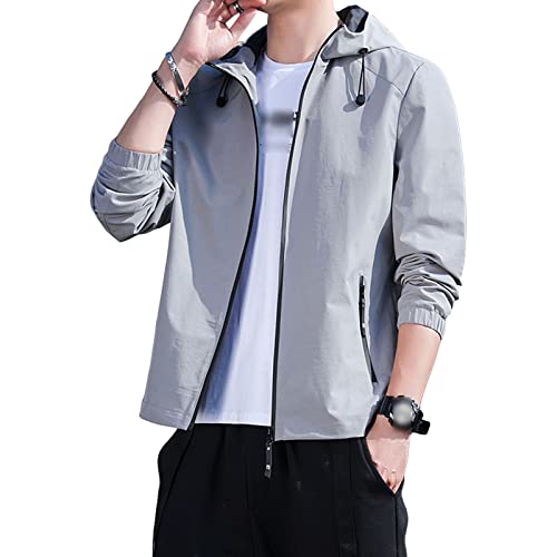 Maiyifu-GJ Men's Lightweight Full Zip Windproof Hoodie Slim Fit Casual Hooded Sweatshirt Outdoor Spring Active Windbreaker (Grey,XX-Large)