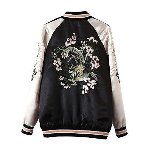 Flygo Women's Reversible Floral Embroidery Satin Baseball Bomber Jacket (Large, Black&Pink) #TOP1