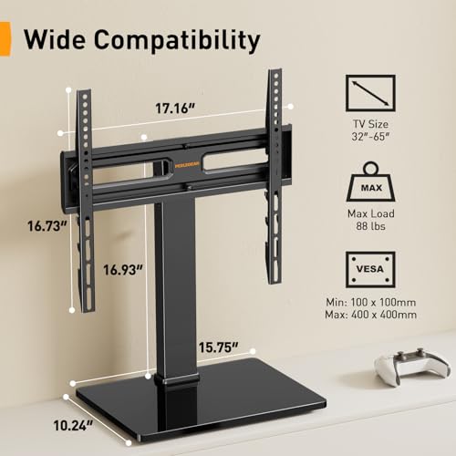 Image of Perlegear Universal Swivel TV Stand with Power Outlet for 34-65 inch TVs | Tilt, 6 height adjustments, stable tempered glass base, security locks, cable management, 88 lbs max load, max VESA 400x400mm